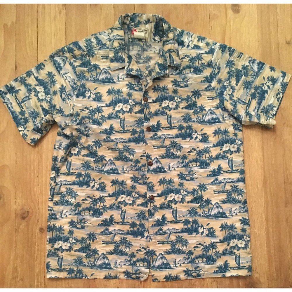 Hawaiian Shirt Vintage HILO HATTIE Mens 2XL Blue Beige Palm Trees Sailboats